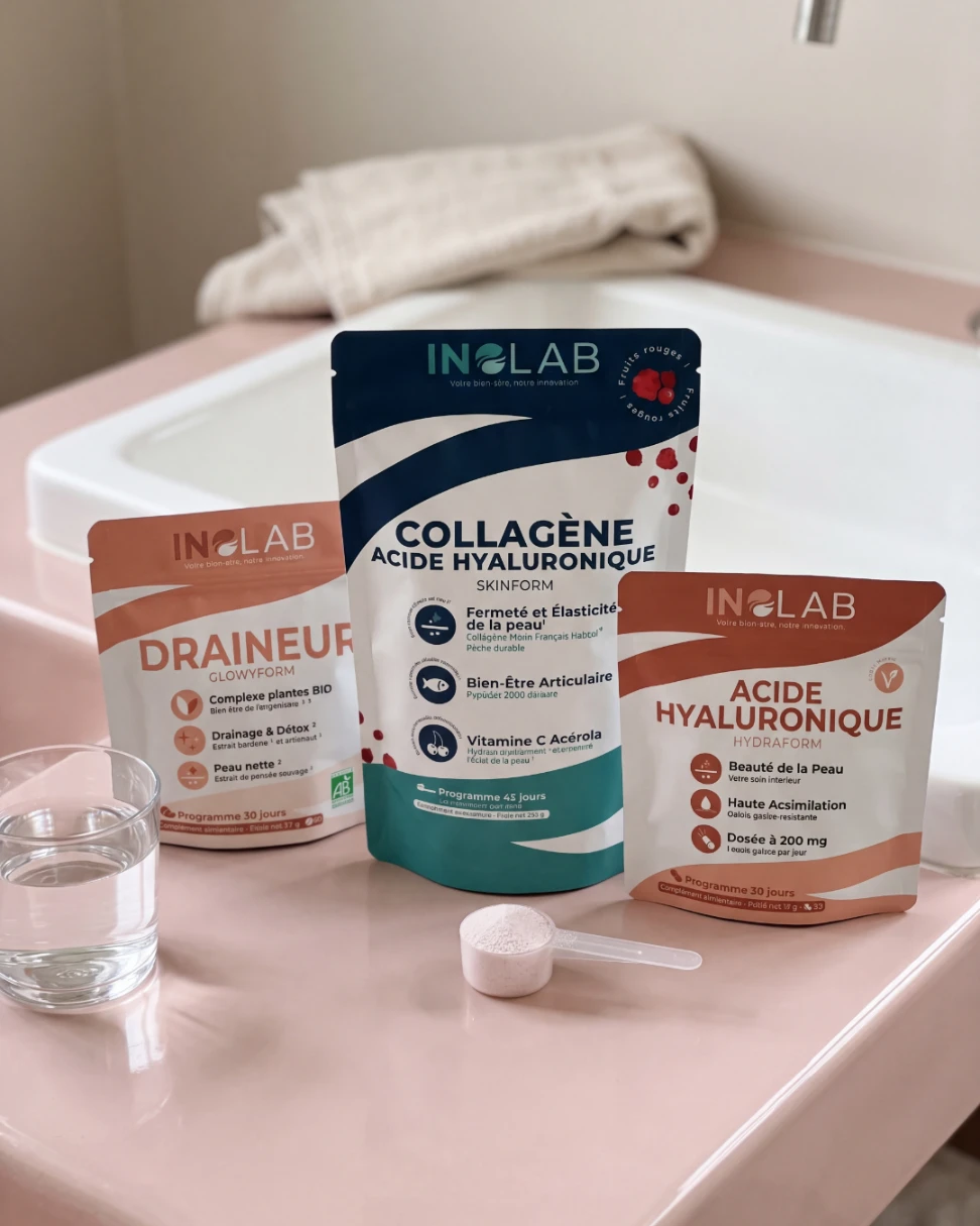 pack beauté peau et collagène inolab posé sur meuble de salle de bain, skinform collagène marin, hydraform acide hyaluronique et glowyform draineur detox aux plantes bio