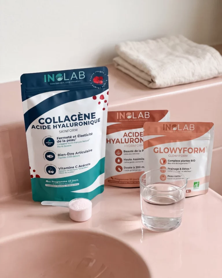 pack beauté peau et collagène inolab avec collagène marin, acide hyaluronique et draineur glowyform, verre d'eau et serviettes blanches en salle de bain