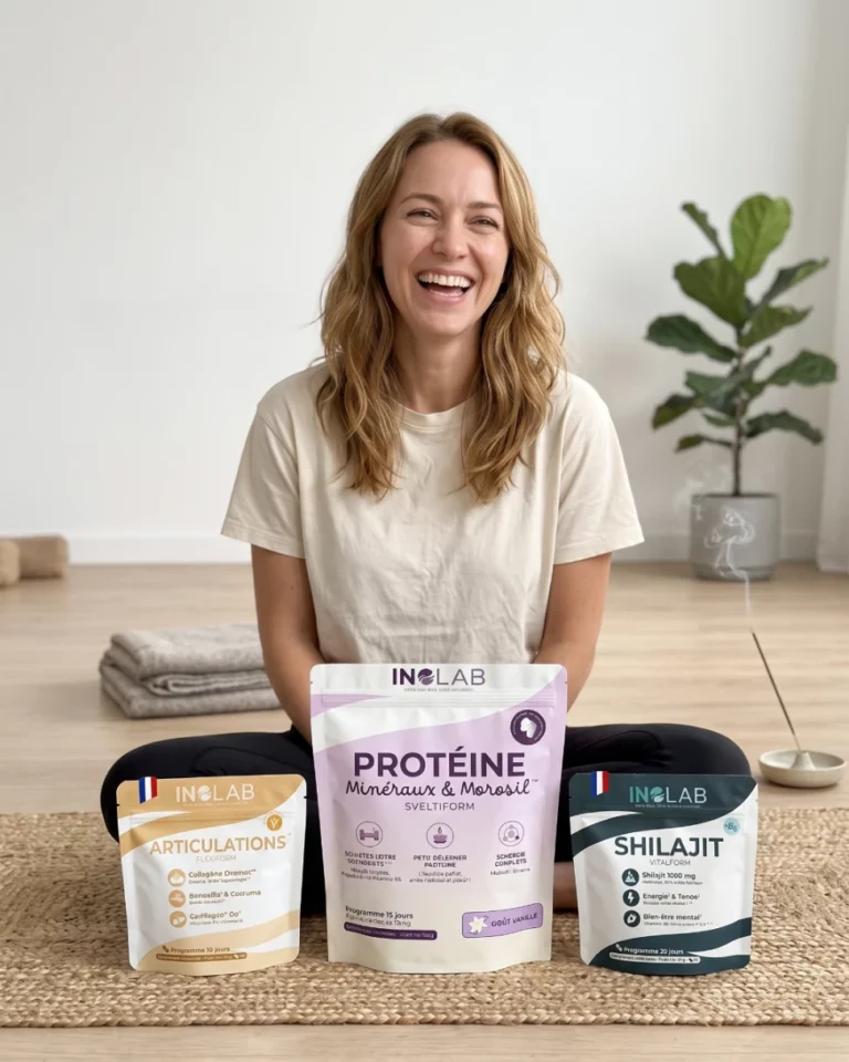 femme souriante assise sur un tapis de yoga devant le pack performance inolab, protéine minéraux et morosil sveltiform, articulations flexiform et shilajit vitalform