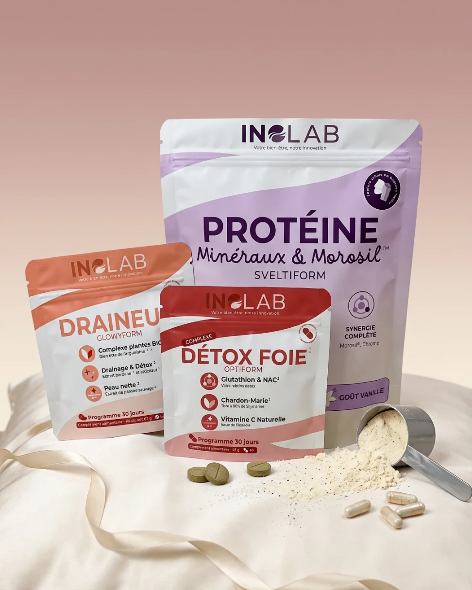 pack silhouette inolab posé sur un coussin en soie avec protéine sveltiform vanille, draineur glowyform plantes bio, détox foie optiform chardon-marie, poudre de protéine, comprimés et gélules