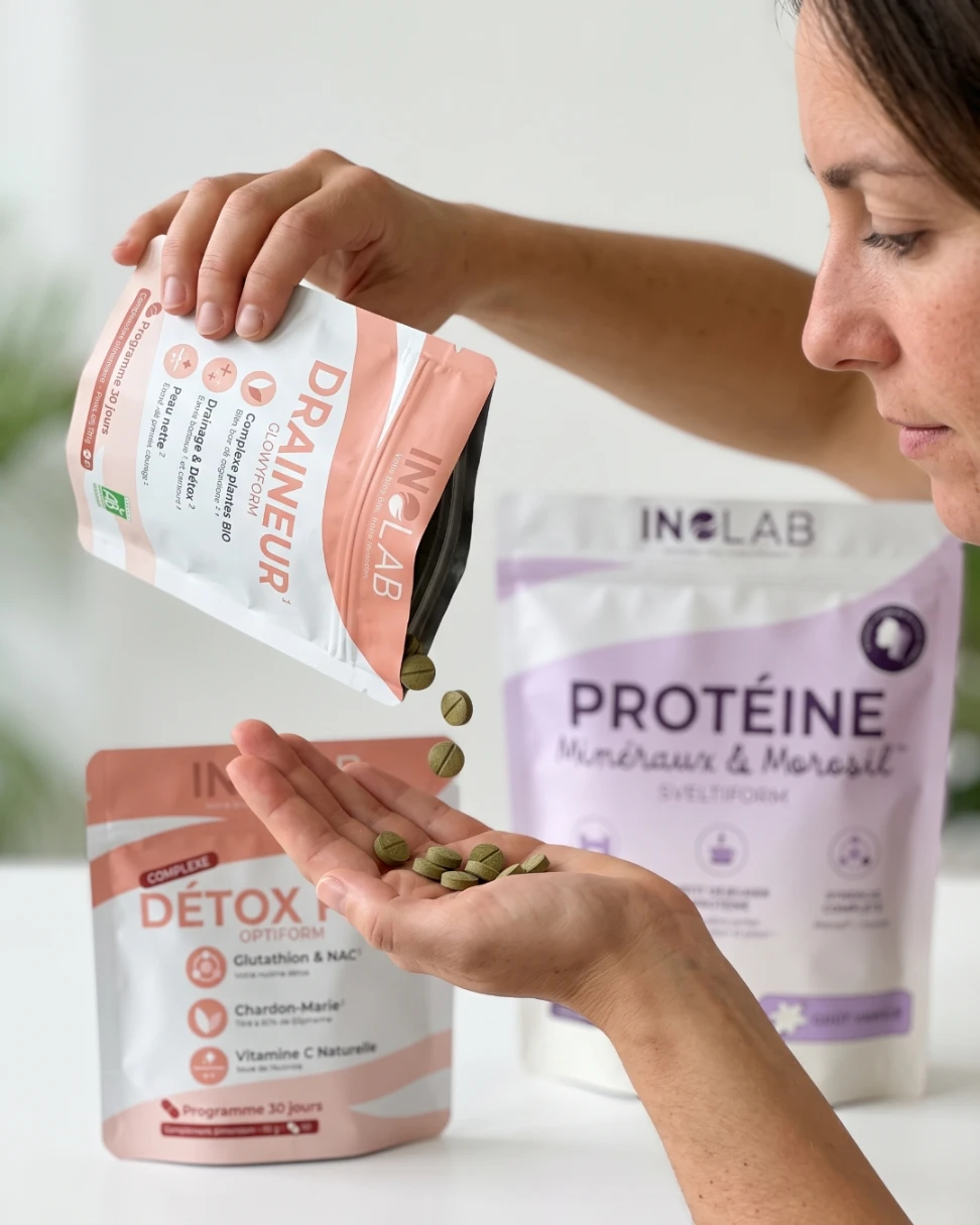 femme versant des comprimés de draineur glowyform aux plantes bio dans sa main, avec détox foie optiform et protéine sveltiform du pack silhouette inolab
