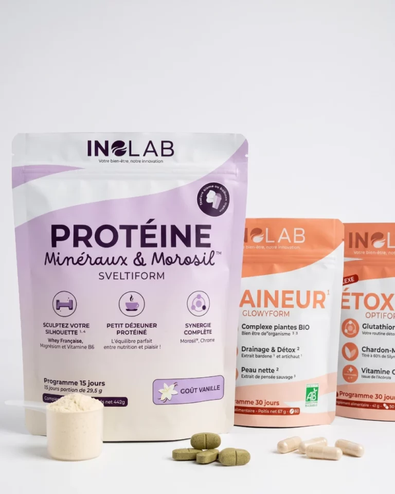 pack silhouette inolab avec protéine sveltiform vanille morosil, draineur glowyform bio, détox foie optiform glutathion chardon-marie, dosette de protéine, comprimés et gélules