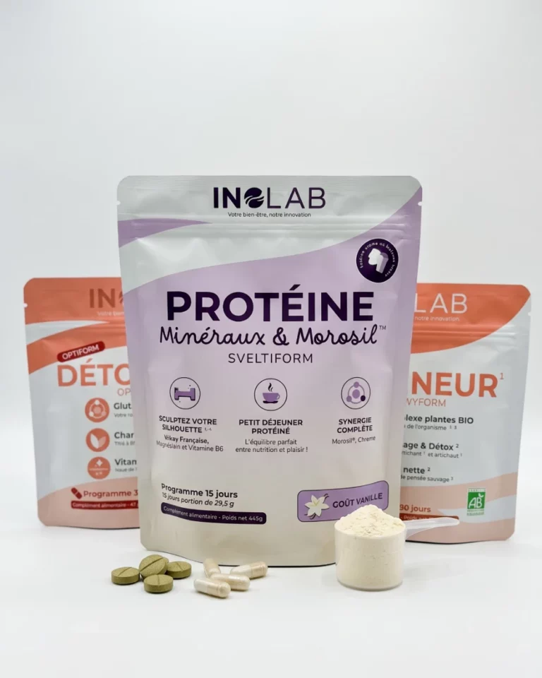 pack silhouette inolab sur fond blanc avec protéine sveltiform goût vanille, draineur détox glowyform bio et détox foie optiform, comprimés, gélules et dosette de protéine