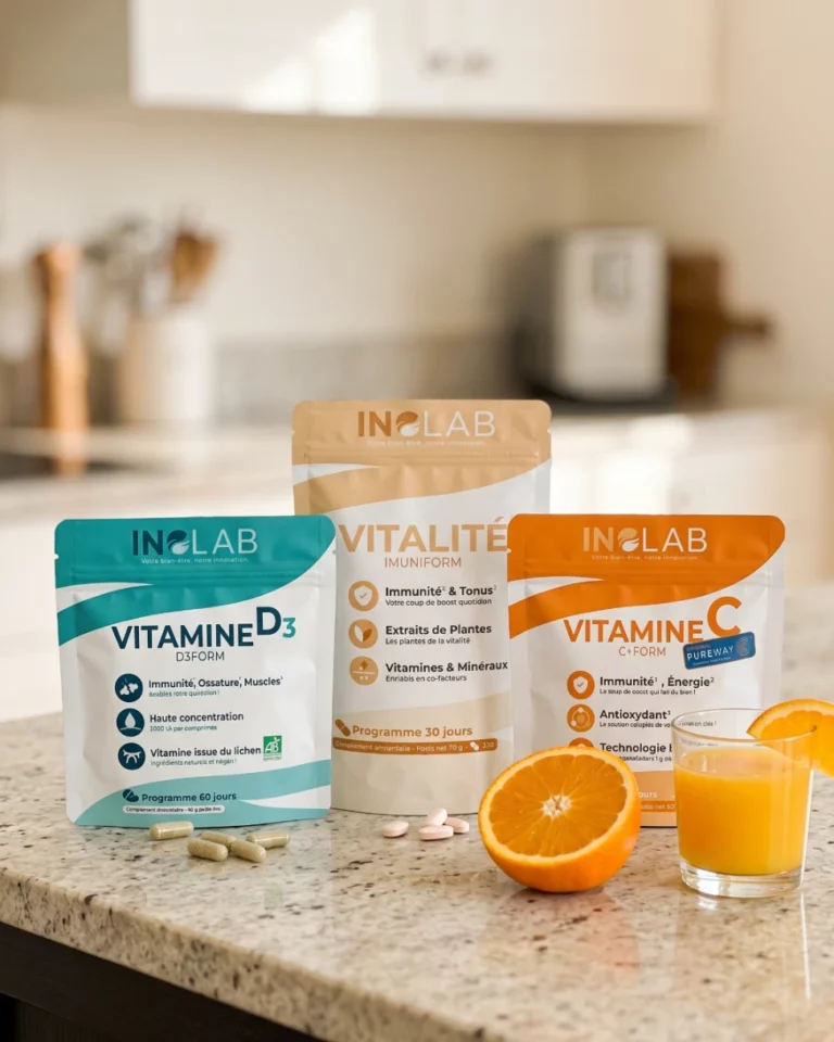 pack vitalité inolab posé sur un plan de travail en pierre claire avec imuniform vitamines et minéraux, d3form vitamine d3 issue du lichen, c+form vitamine c, gélules, comprimés, orange et jus d'orange