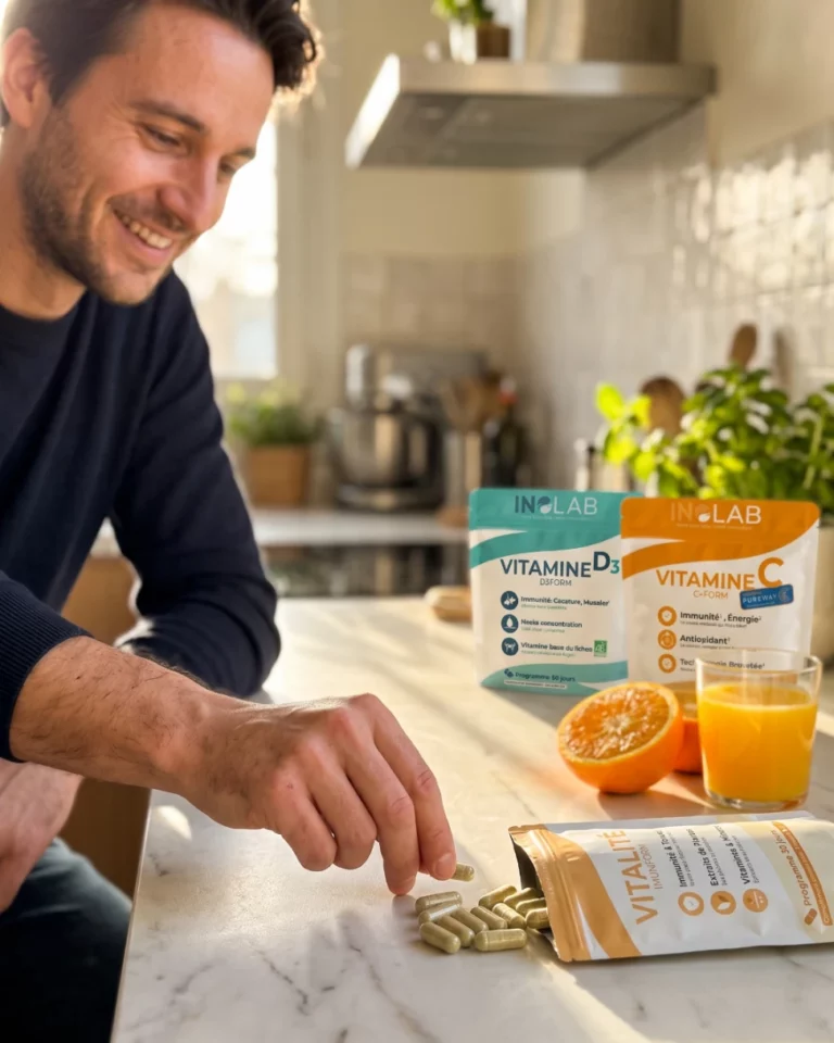 homme souriant dans sa cuisine prenant une gélule d'imuniform du pack vitalité inolab, avec vitamine d3 d3form, vitamine c c+form, orange et jus d'orange