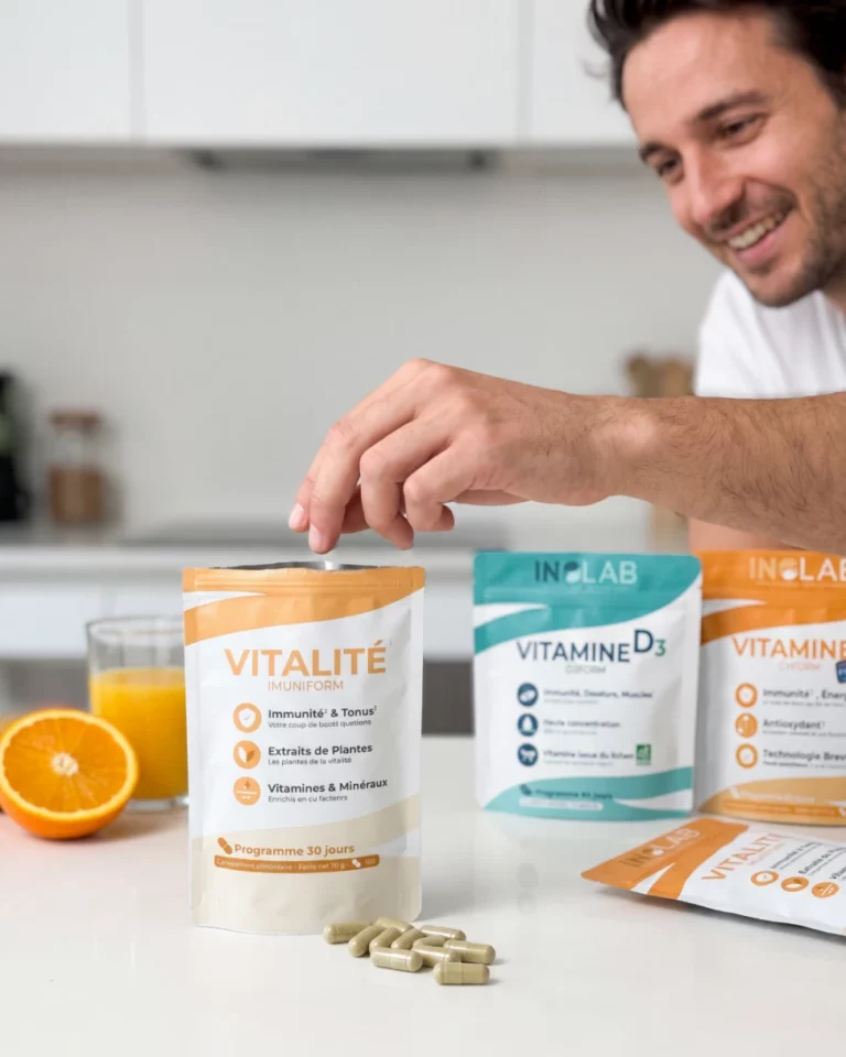 homme souriant prenant des gélules d'imuniform dans son sachet, avec vitamine d3 d3form et vitamine c c+form du pack vitalité inolab, orange coupée et verre de jus d'orange