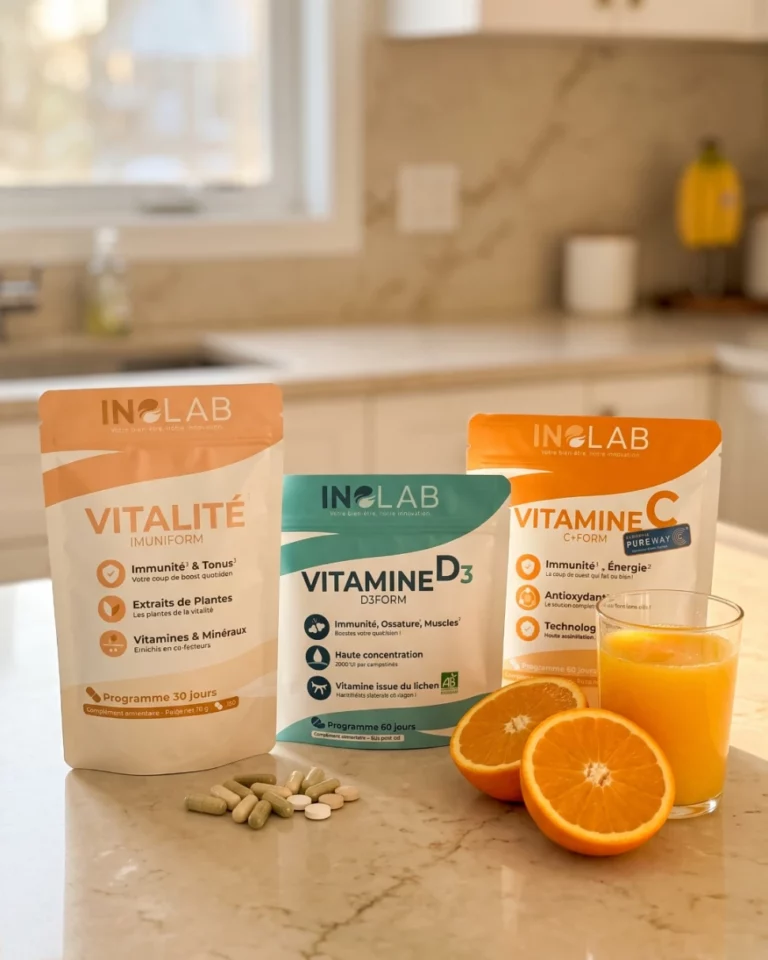 pack vitalité inolab avec imuniform vitamines et minéraux, d3form vitamine d3 issue du lichen certifiée bio, c+form vitamine c pureway, oranges coupées, verre de jus d'orange, gélules et comprimés