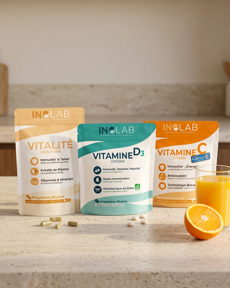 pack vitalité inolab sur un plan de travail de cuisine avec vitamine d3 d3form, vitalité imuniform et vitamine c c+form, gélules, comprimés, orange coupée et verre de jus d'orange