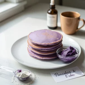 Pile de pancakes à l'ube violets servis dans une assiette blanche avec un bol de purée d'ube, une tasse de café, de la vanille et une mesure de farine